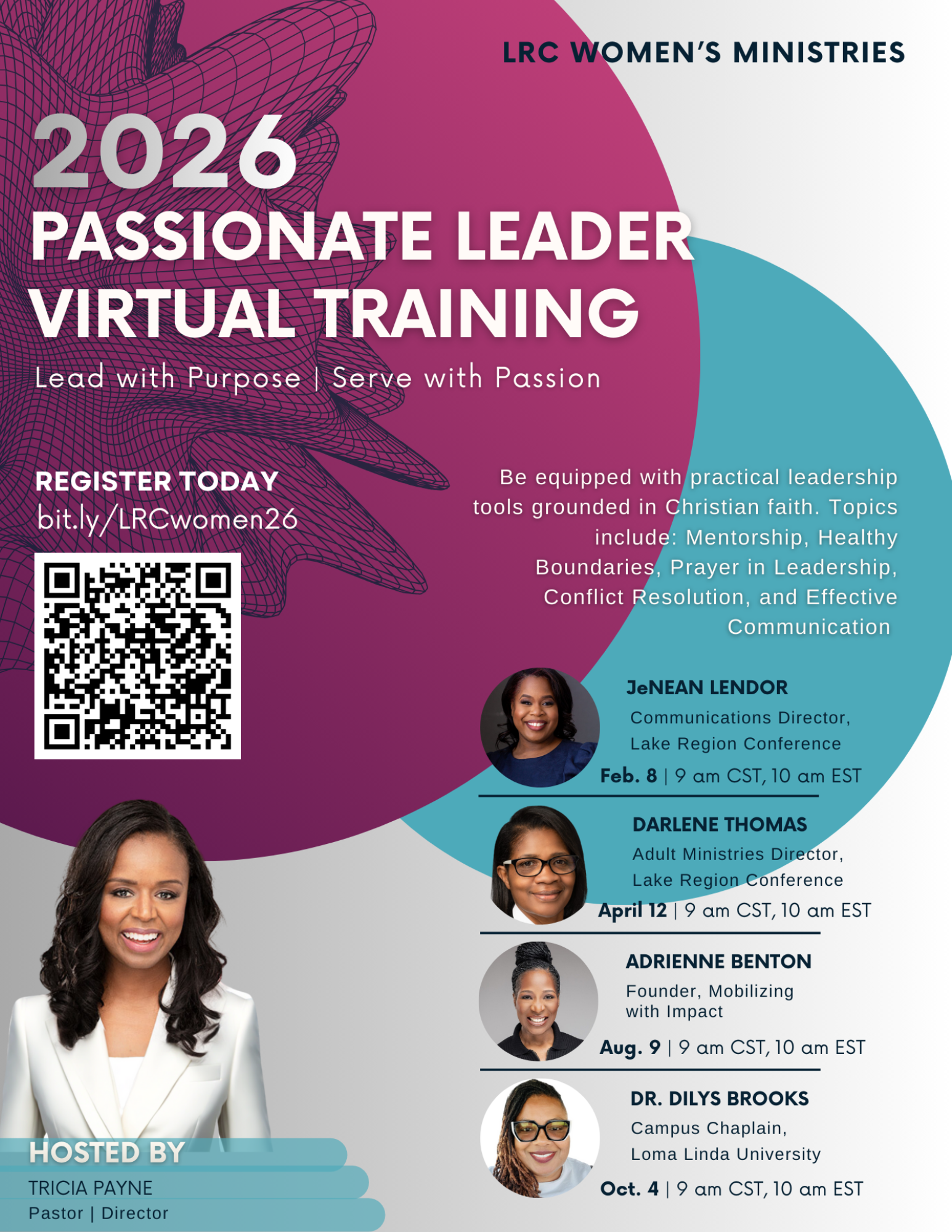 LRC Women's Ministries 2026 Passionate Leader Virtual Training flyer with speakers, QR code, and event details