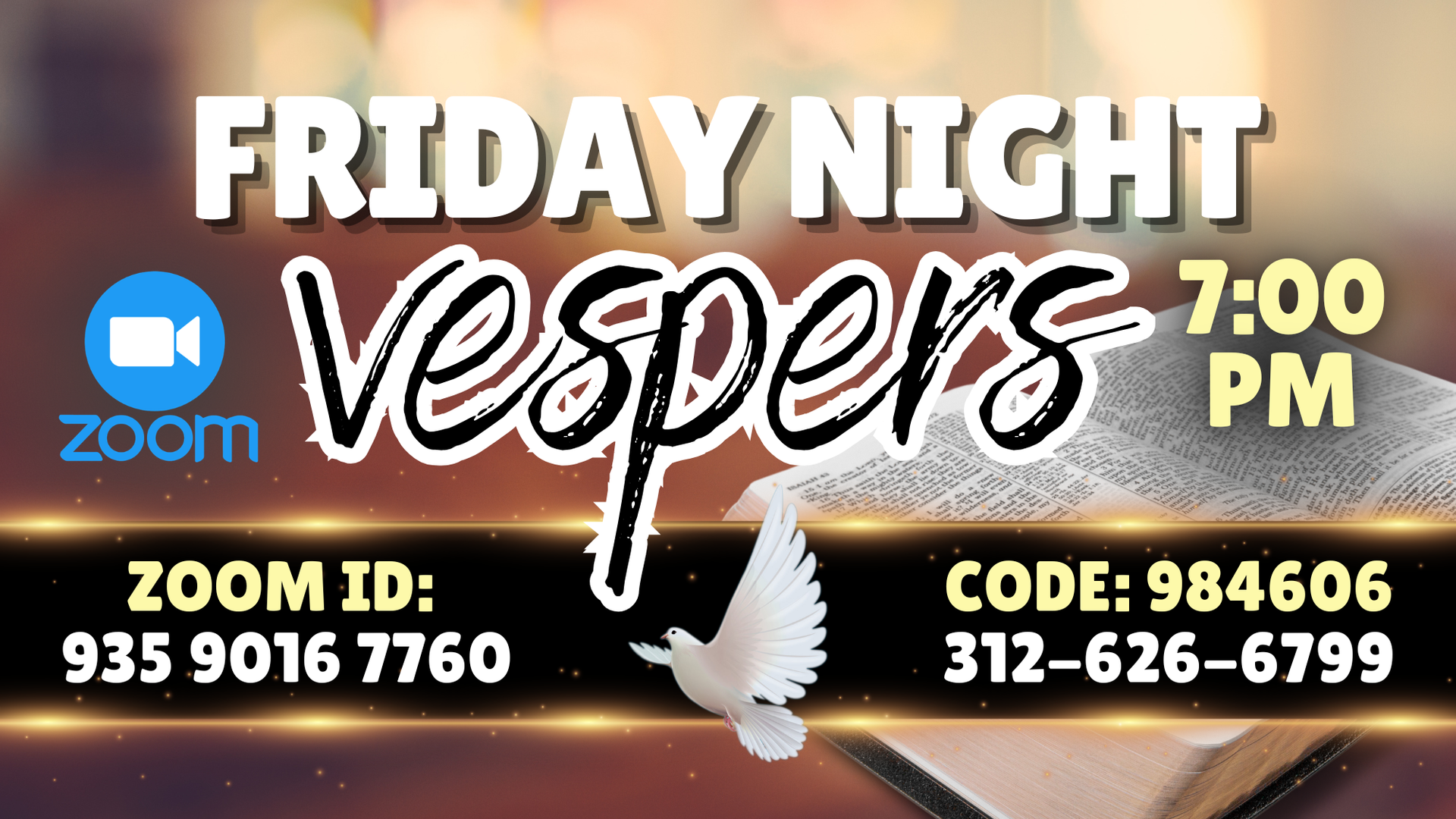 Friday night Vespers Zoom meeting flyer with white dove, sunset sky, Zoom ID, code, and phone number