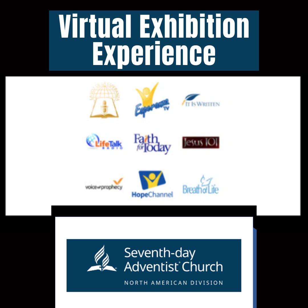 Virtual Exhibition Experience banner with several church logos, including Seventh-day Adventist Church in Southern Africa Division.