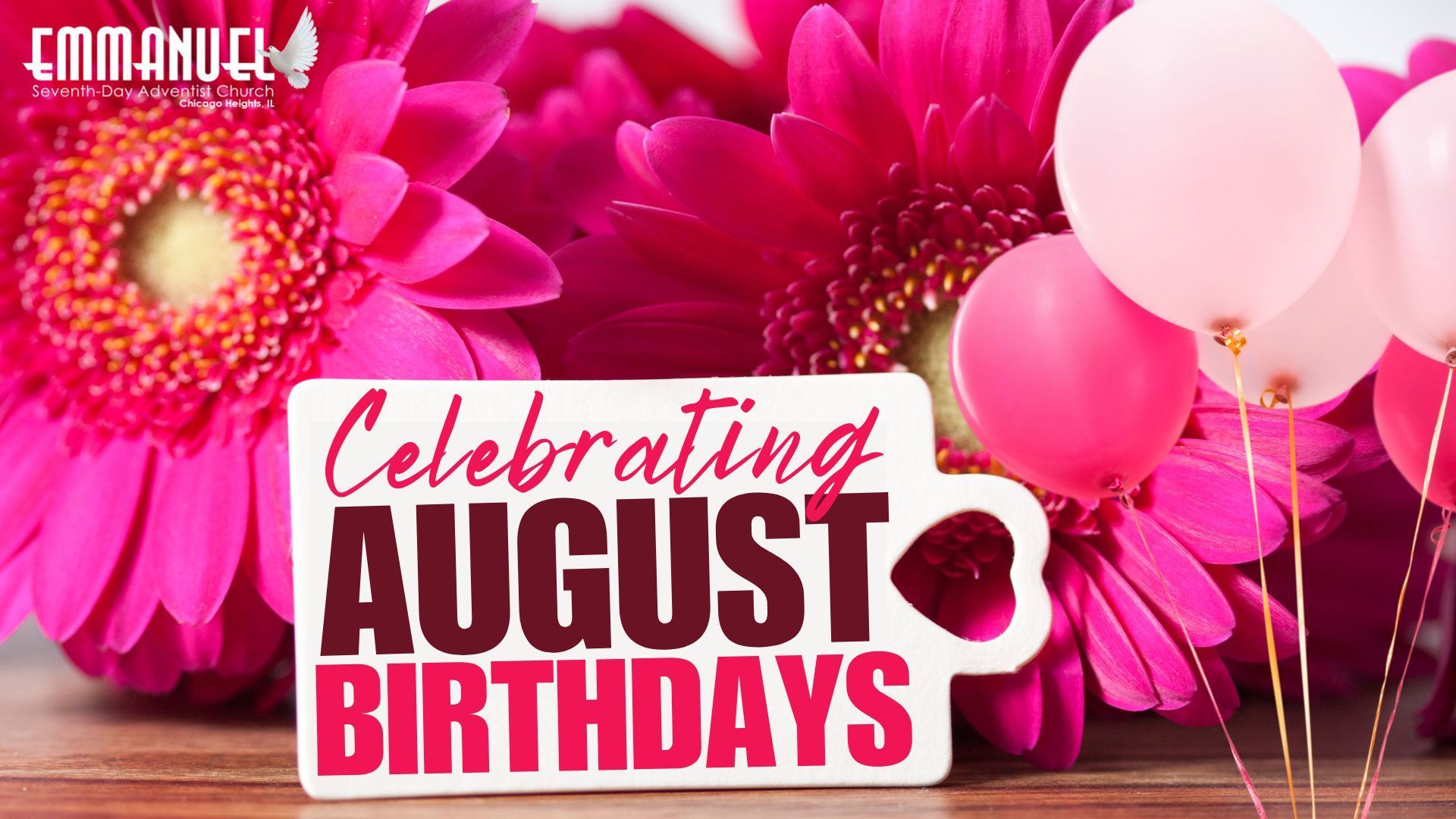 Celebrating July birthdays banner with balloons, confetti, and colorful party hats on a pink background