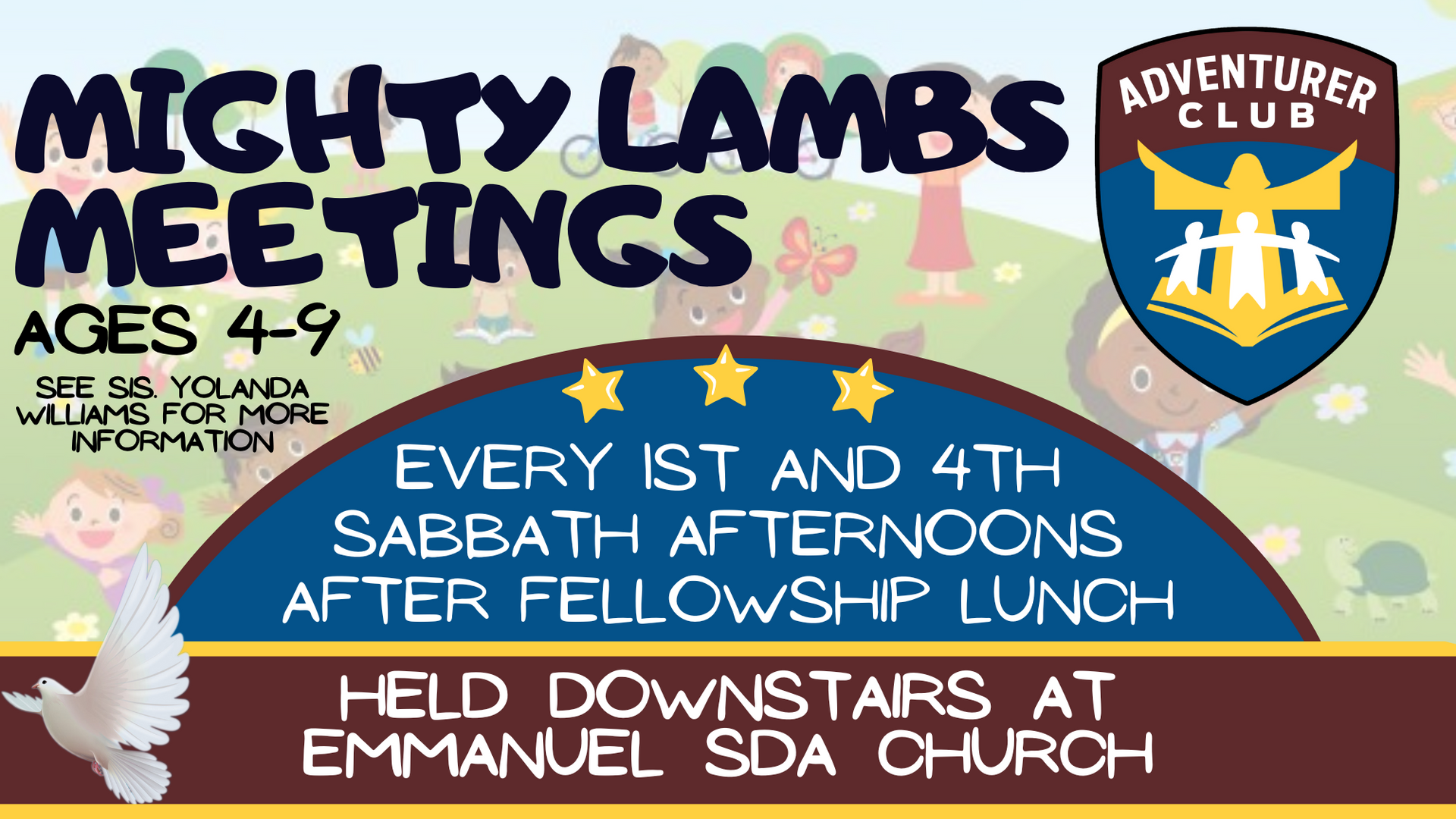 Mighty Lambs Meetings flyer with cartoon lambs, blue/yellow text, and Adventurer Club logo; Saturdays after lunch at Emmanuel SDA Church
