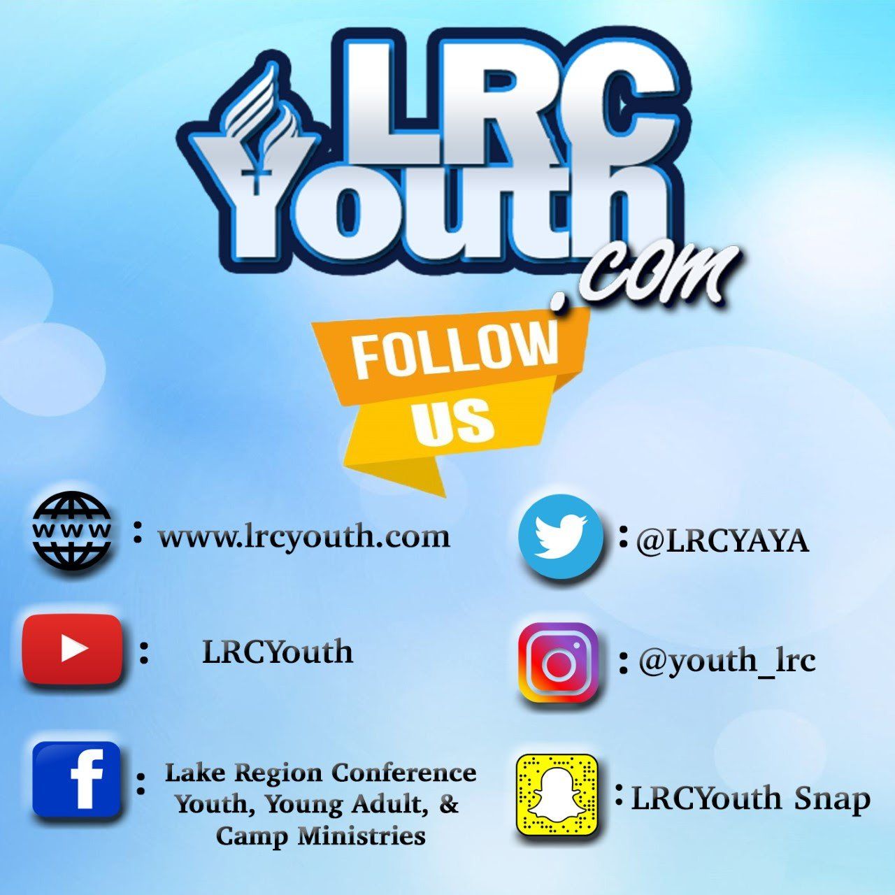 LRCYouth.com follow us social media banner with website and platform icons on a blue background