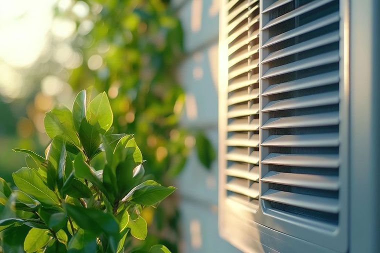 Green leaves beside a sunlit air conditioner vent by a window