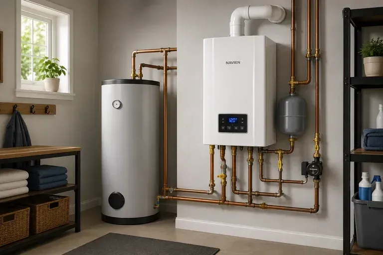 Modern home utility room with a water heater, boiler, exposed copper pipes, and a small window.