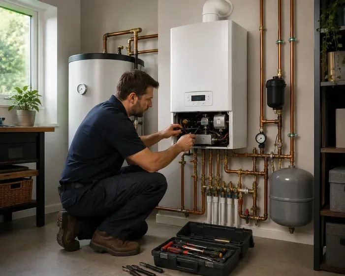 Plumber kneels beside a wall-mounted boiler, inspecting pipes and tools in a bright utility room