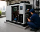 Technician inspecting an outdoor HVAC unit with exposed components beside a building.