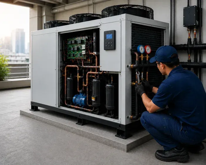 Technician inspecting an outdoor HVAC unit with exposed components beside a building.