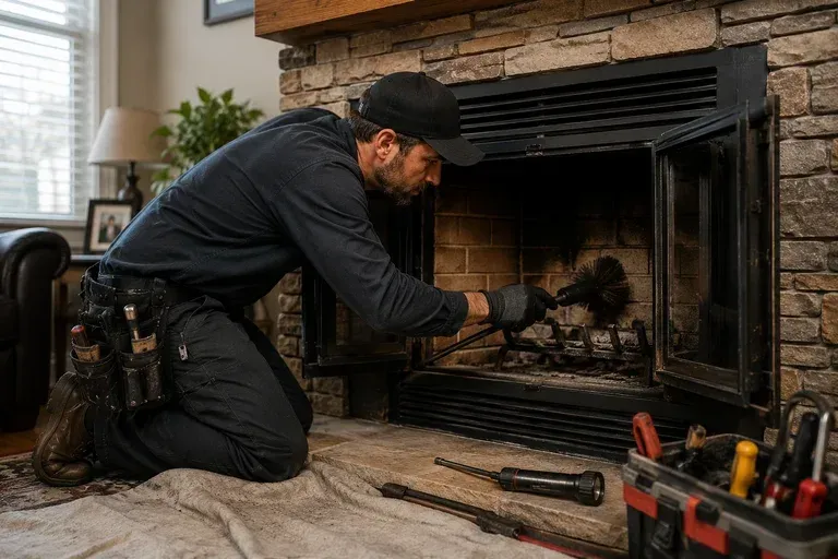 Technician kneeling at a fireplace, cleaning or repairing the firebox with tools nearby