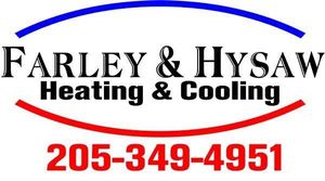 Farley & Hysaw Heating & Cooling logo with blue and red swooshes and 205-349-4951 phone number