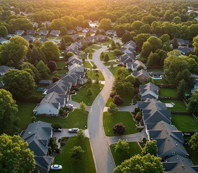 Aerial view of a suburban neighborhood at sunset with curving streets and rows of houses.