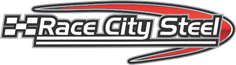 Logo for Race City Steel: text in white with black outlines, next to a checkered flag, on a red and white swoosh background.