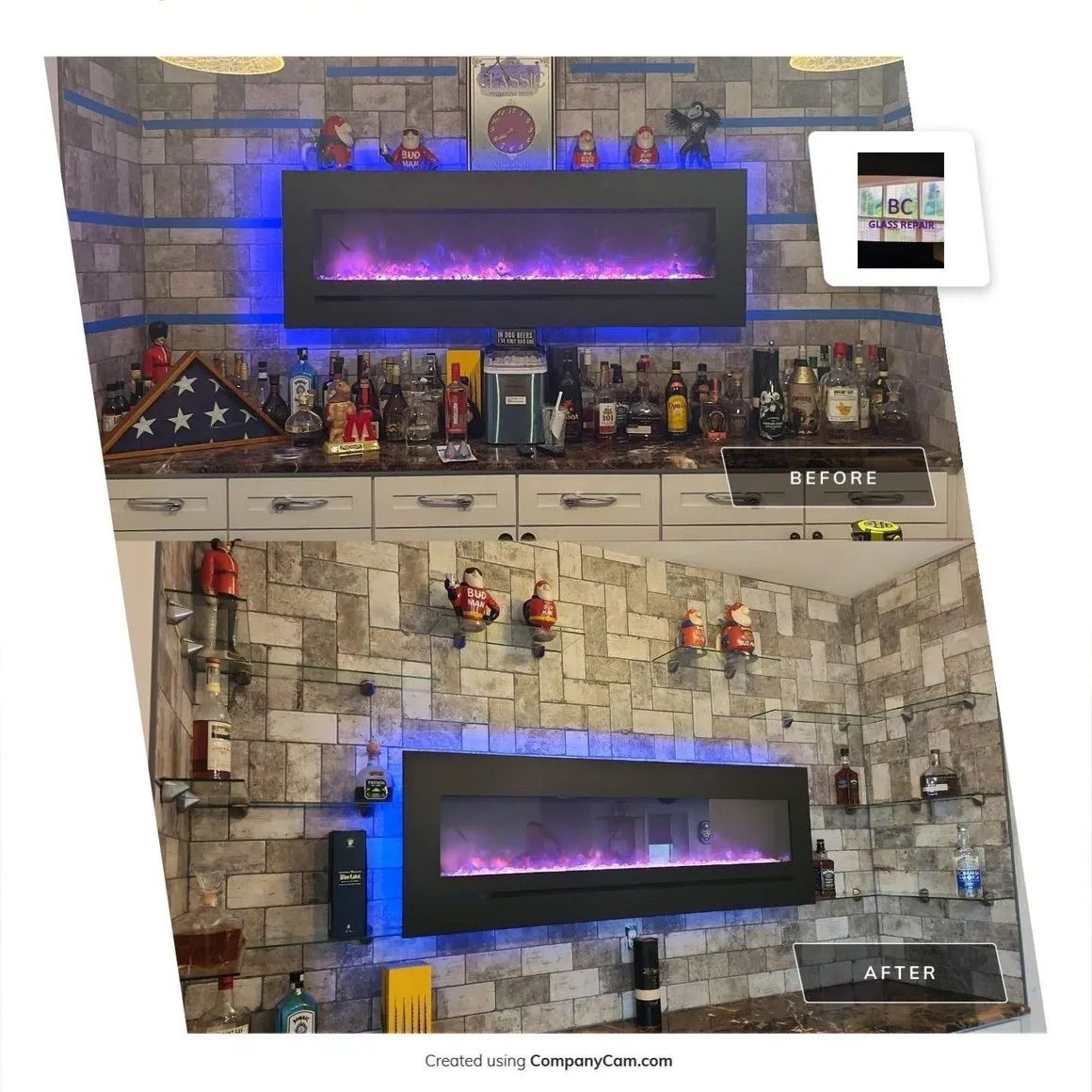 A before and after picture of a fireplace with blue lights.