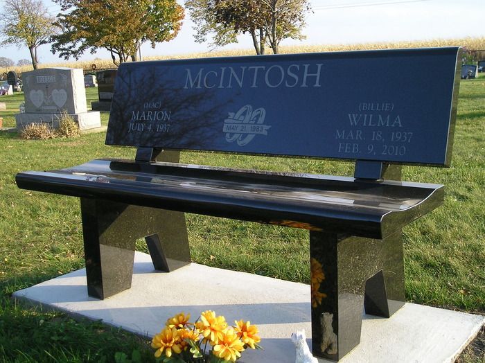 A black bench in a cemetery 
