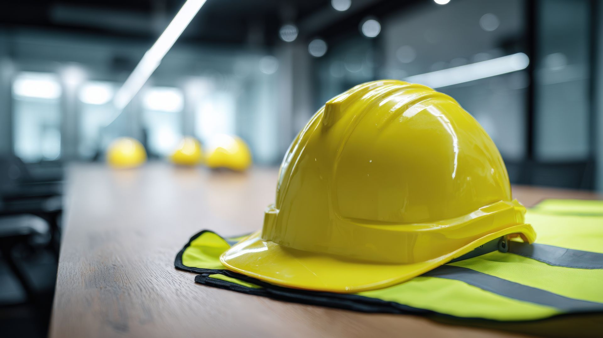 Safety helmets and vest on meeting table. Safety helmets and vest on meeting table.