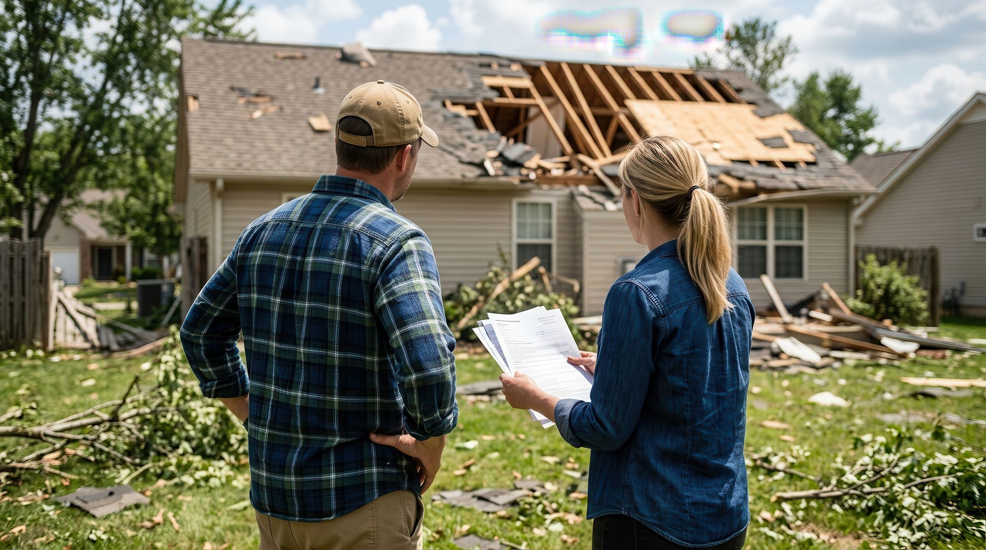 Contractors insurance review as a homeowner and agent inspect a storm-damaged roof and yard debris