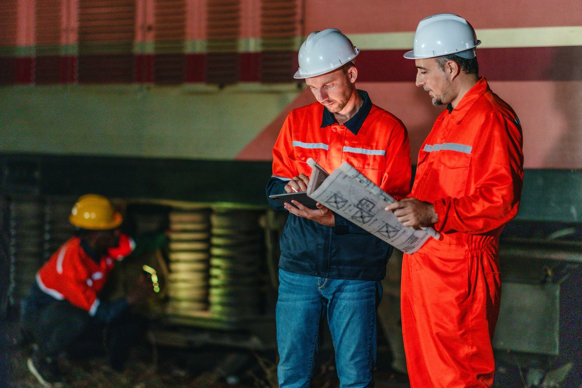 Two workers in hard hats review a blueprint in an industrial setting, with another worker in the background.