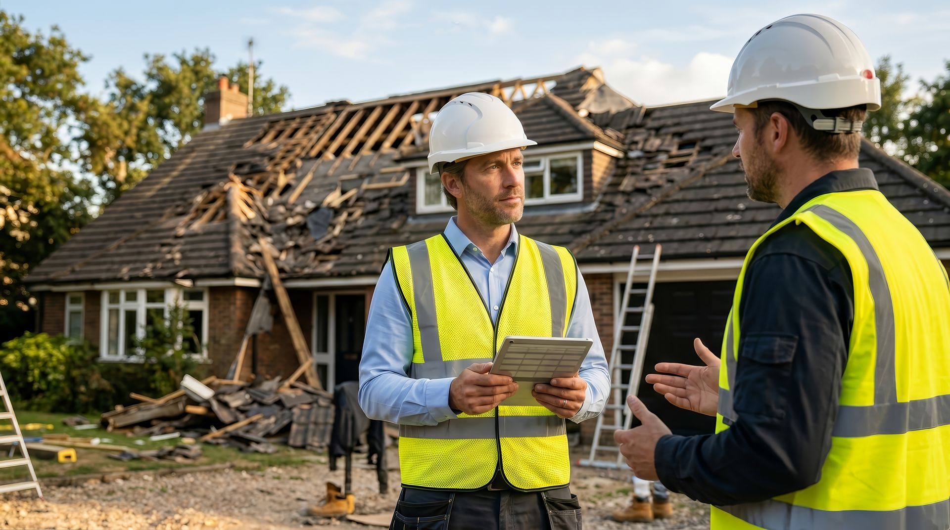 Two hard-hatted workers in hi-vis vests review contractors insurance on a tablet at a damaged home. Two hard-hatted workers in hi-vis vests review contractors insurance on a tablet at a damaged home.