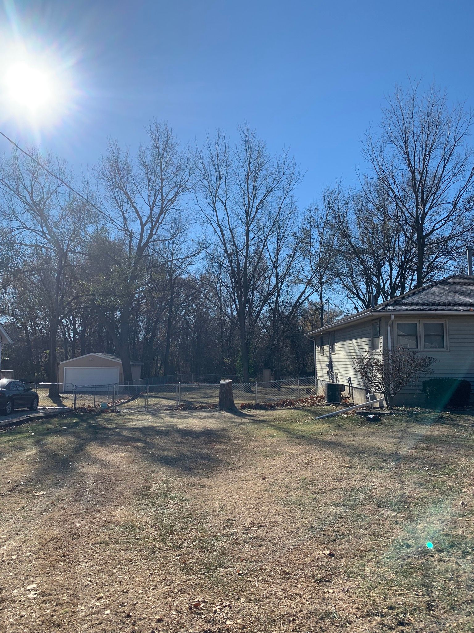 Bright sunny day outdoors; a grassy yard with bare trees, a small house on the right, and a sign on the left. Bright sunny day outdoors; a grassy yard with bare trees, a small house on the right, and a sign on the left.