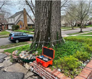 Orange case open near tree trunk with connected wires. Car parked in the suburban neighborhood. Orange case open near tree trunk with connected wires. Car parked in the suburban neighborhood.