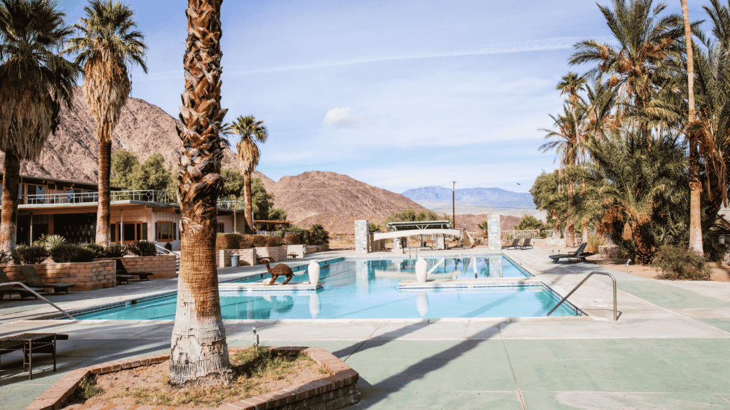 A large swimming pool surrounded by palm trees and mountains.
