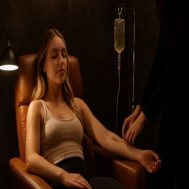 Woman receiving IV treatment in a dim room, seated in a leather chair.