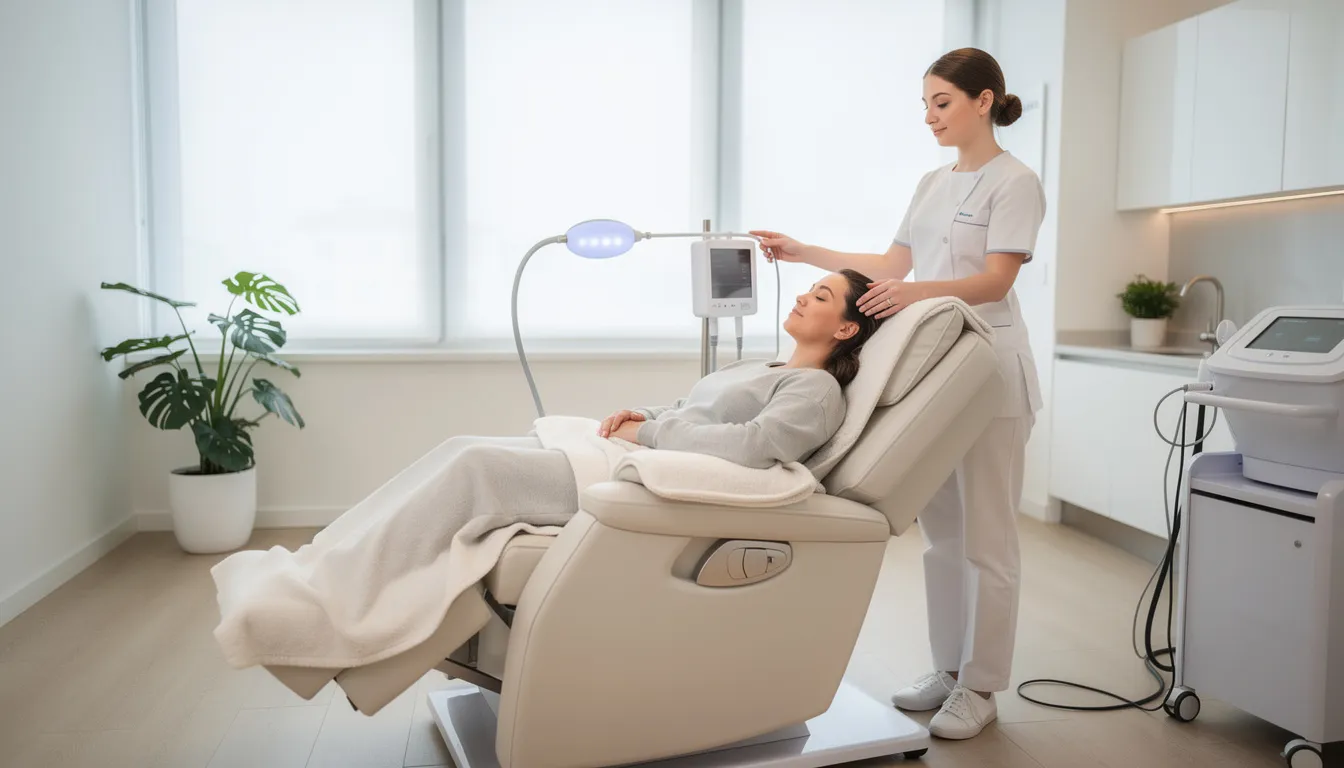 A person is seen relaxing in a comfortable recliner chair during an IV therapy session in a modern, brightly lit clinic, surrounded by qualified medical professionals. The treatment focuses on delivering essential nutrients like vitamin C and B vitamins through IV drip therapy, promoting overall wellness, hydration, and immune support.