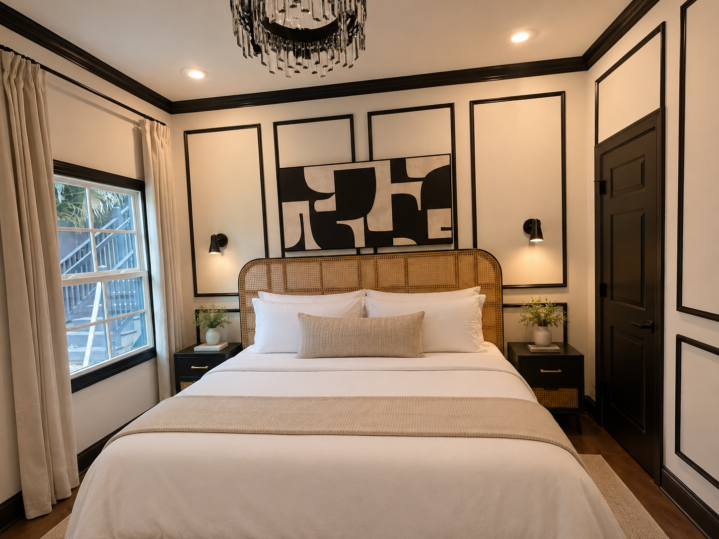 Elegant bedroom with white bedding, black trim walls, abstract wall art, and large windows