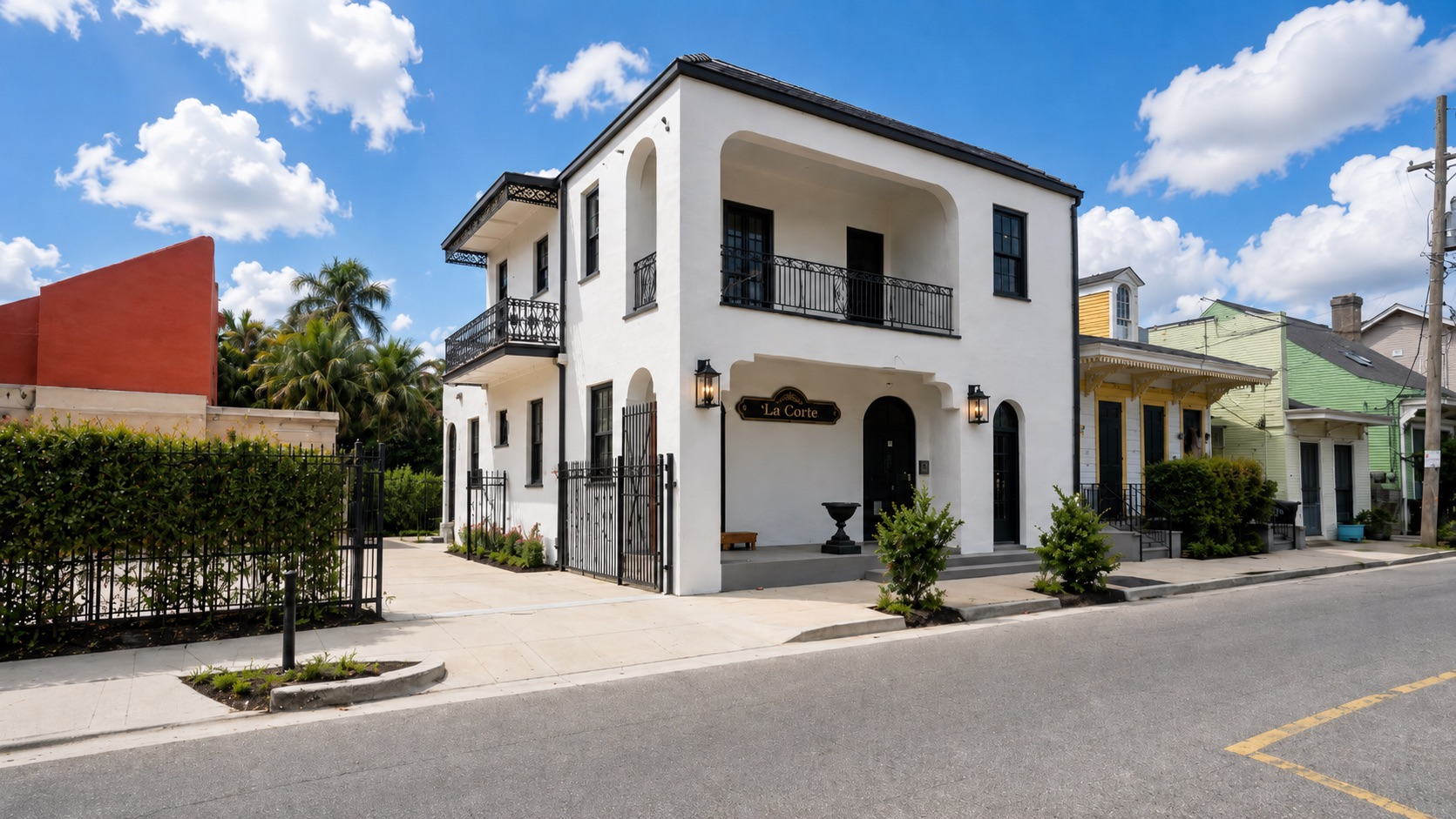 White two-story house on a sunny street corner with black balcony railings and potted plants