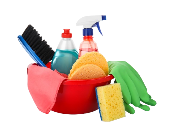 A red bowl filled with cleaning supplies including sponges gloves and spray bottles