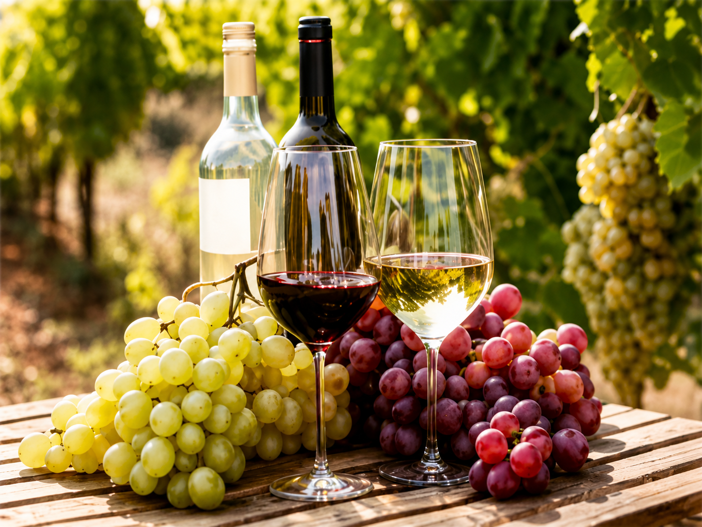 Weinflaschen, zwei gefüllte Gläser und Trauben in Grün und Rot auf einem Holztisch in einem Weinberg