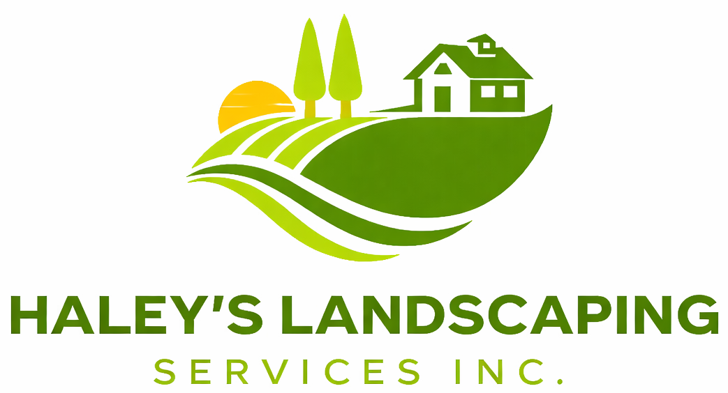 Haley&rsquo;s Landscaping Services Inc. logo with green leaf, house, sun, and trees