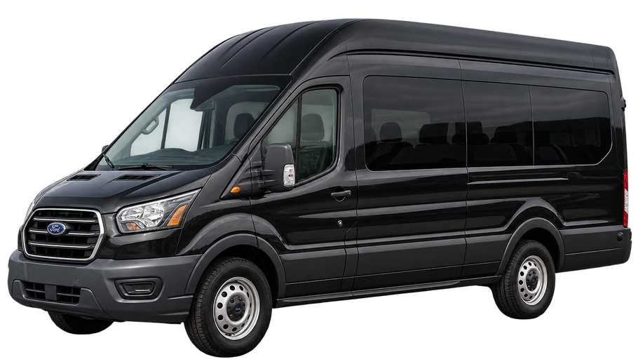 Black passenger van with extended cargo body, shown in side view on a white background