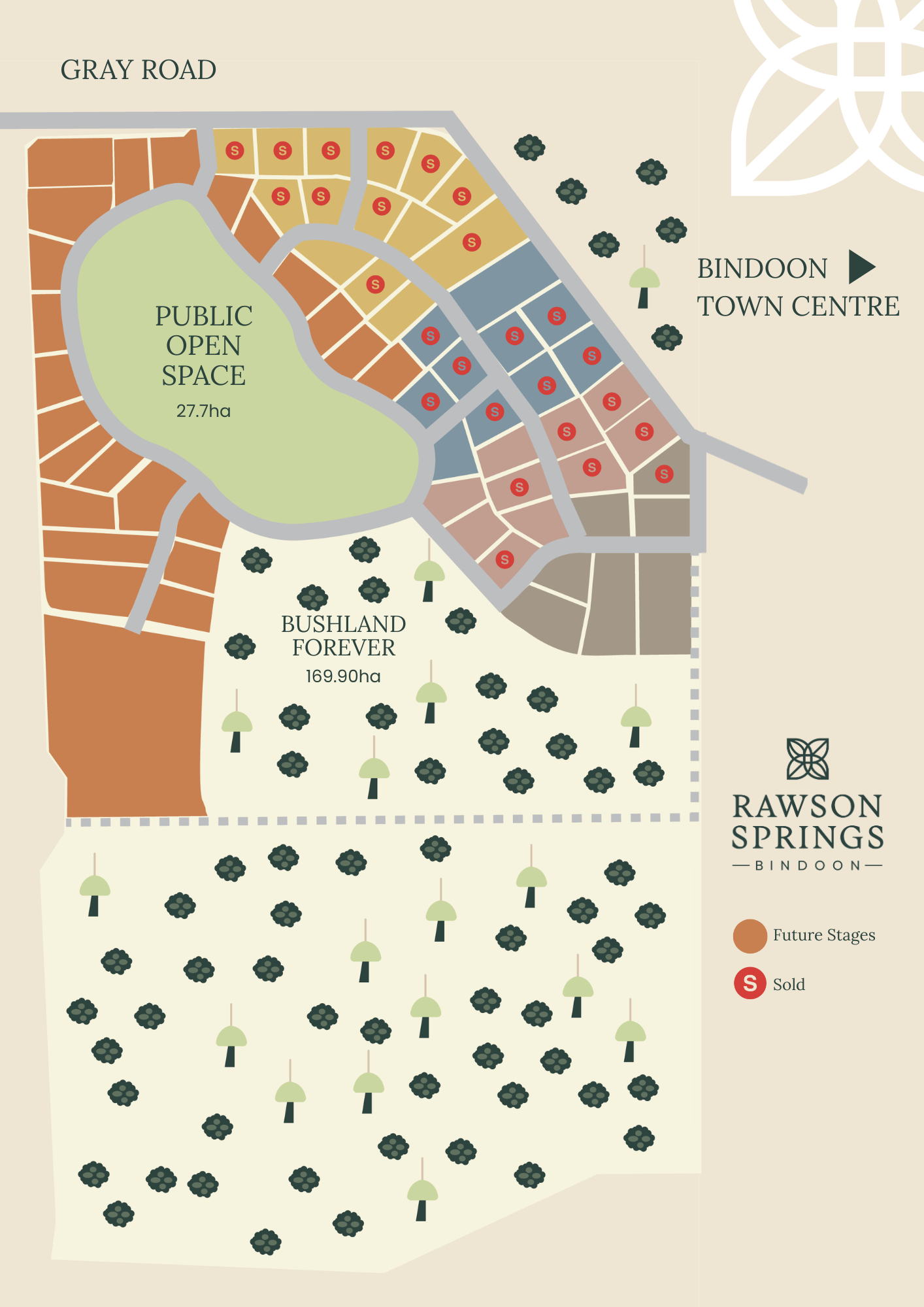 Rawson Springs estate map with lot layout. Blue/brown lots surround a green park and a main road.