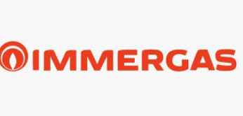 Logo IMMERGAS in arancione con un'icona circolare a forma di fiamma su sfondo bianco.