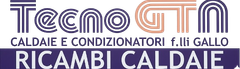 Logo &ldquo;Tecno&rdquo; con testo &ldquo;Caldaie e condizionatori f.lli Gallo&rdquo; e &ldquo;Ricambi caldaie&rdquo; in viola e arancione.