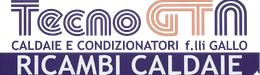 Logo “Tecno” con testo “Caldaie e condizionatori f.lli Gallo” e “Ricambi caldaie” in viola e arancione.