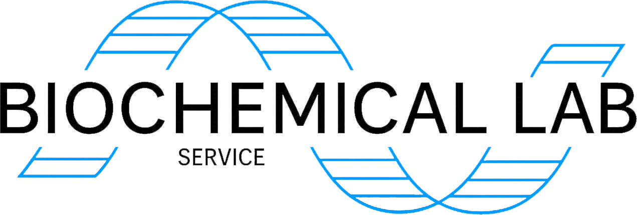 Logo per il servizio di laboratorio biochimico con il disegno di una doppia elica di DNA in blu. Il testo è nero.