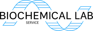 Logo per il servizio di laboratorio biochimico con il disegno di una doppia elica di DNA in blu. Il testo è nero.