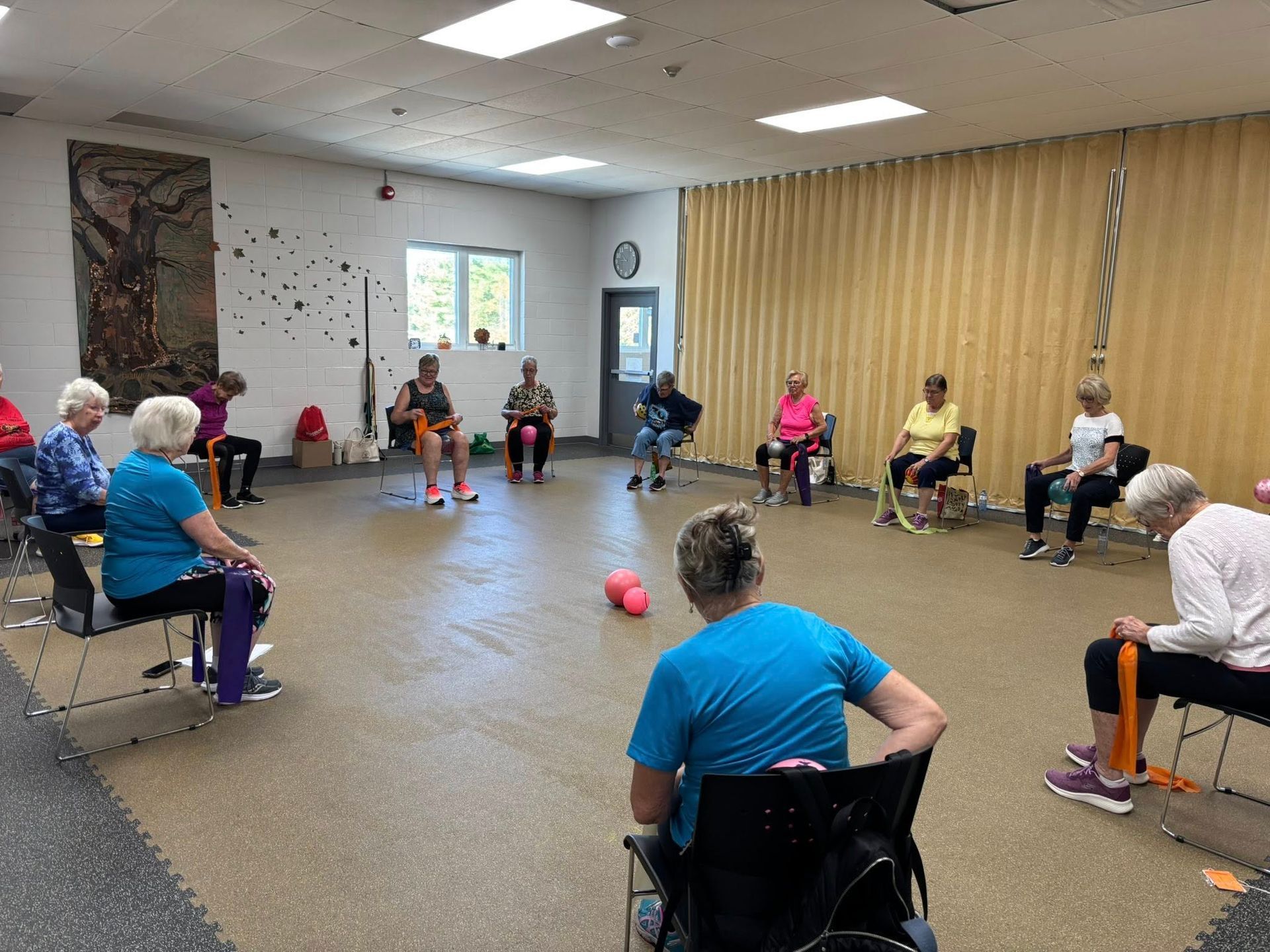 A group of people seated in a circle in a gym, participating in a fitness class with resistance bands and small balls.
