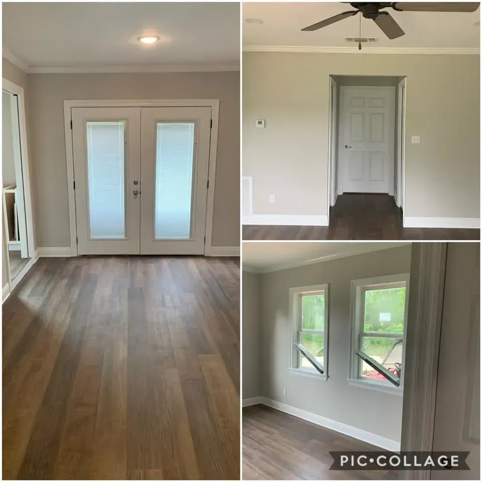 Three interior photos of a room with hardwood floors, white trim, and light gray walls.