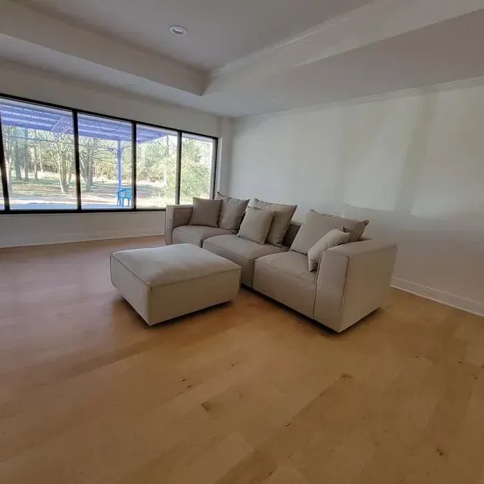 Living room with a beige sectional sofa, ottoman, and large windows overlooking a wooded area.
