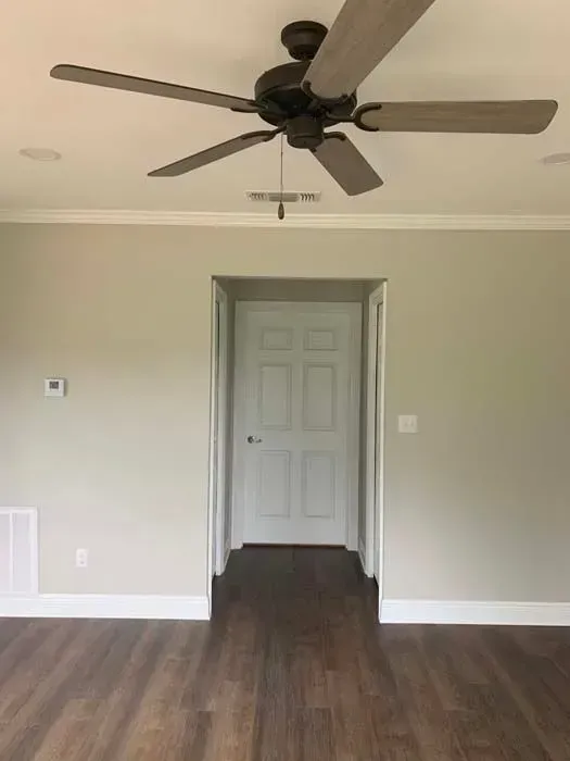 A room with a dark brown ceiling fan, light gray walls, and a doorway with a white door.
