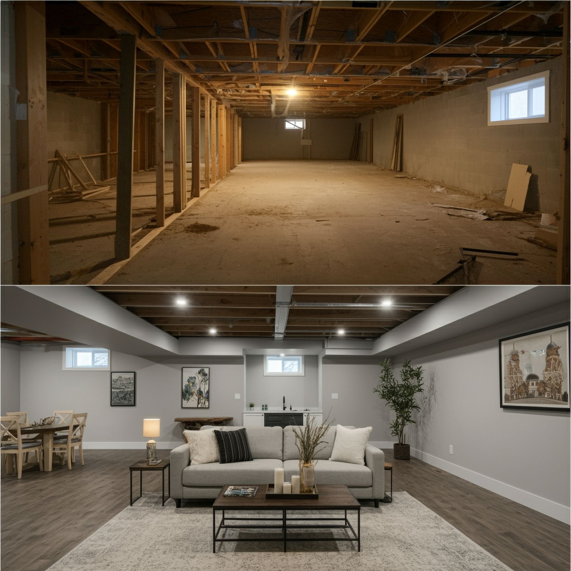 Basement before-and-after: unfinished space above, modern finished living room below with sofa and coffee table.