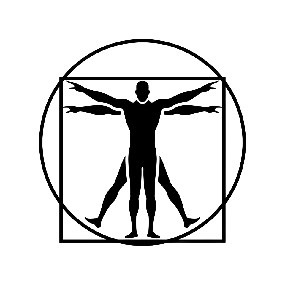 Human figure in a square and circle, arms and legs outstretched, Vitruvian Man design.