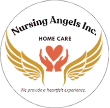 Nursing Angels Inc. logo: hands holding heart with wings; text 
