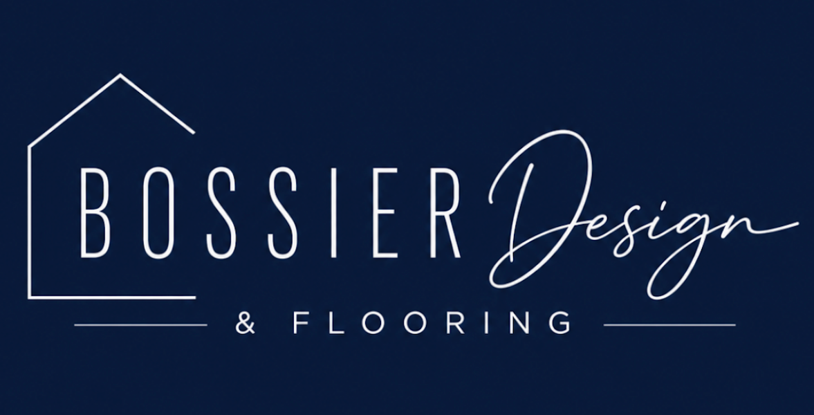 Bossier Design & Flooring logo in white on a dark blue background, with a house outline and elegant script text