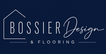 Bossier Design & Flooring logo in white on a dark blue background, with a house outline and elegant script text