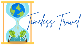 The logo for timeless travel shows an hourglass with a globe and palm trees inside of it.