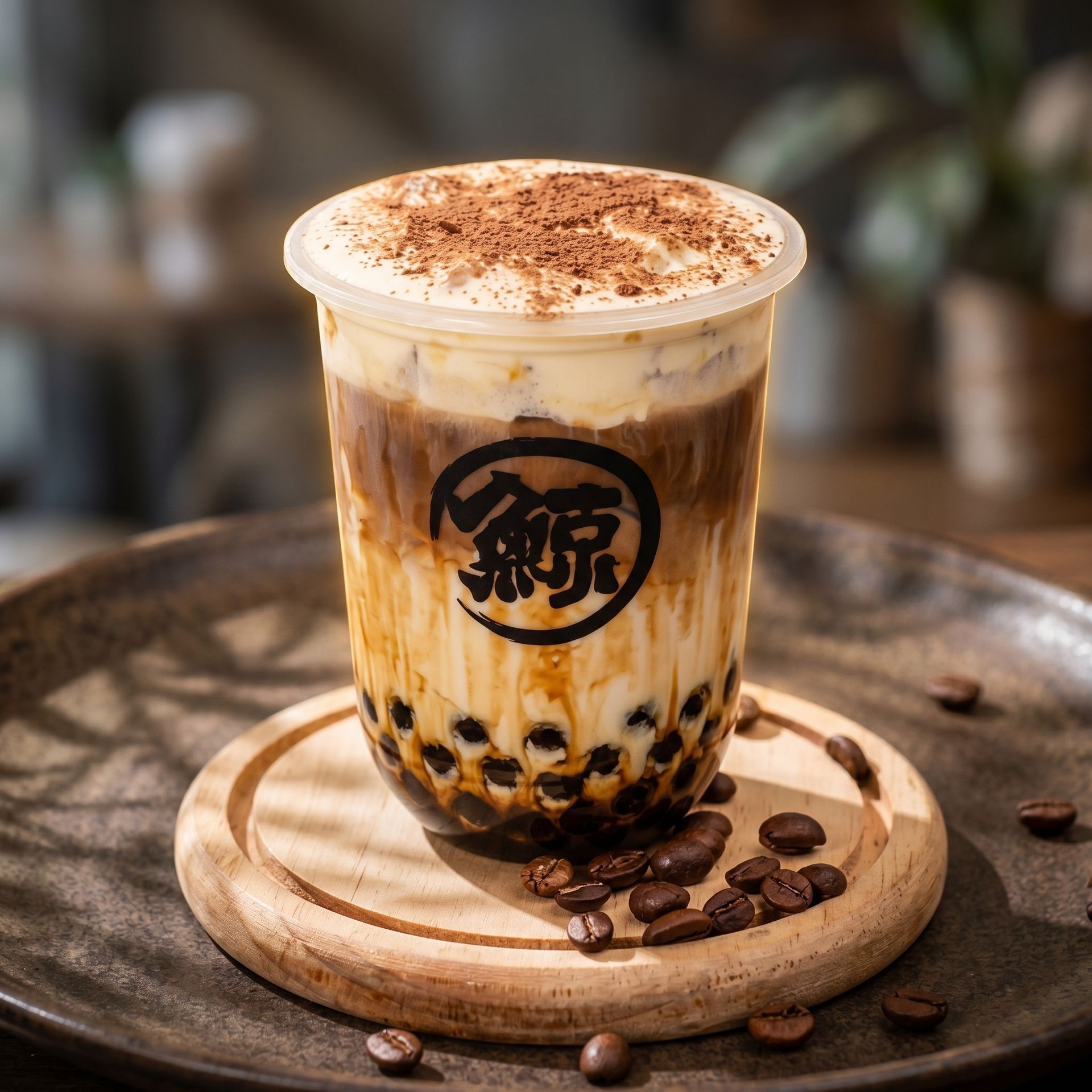 Iced bubble tea in a clear cup with black pearls, topped with foam and cinnamon on a wooden tray