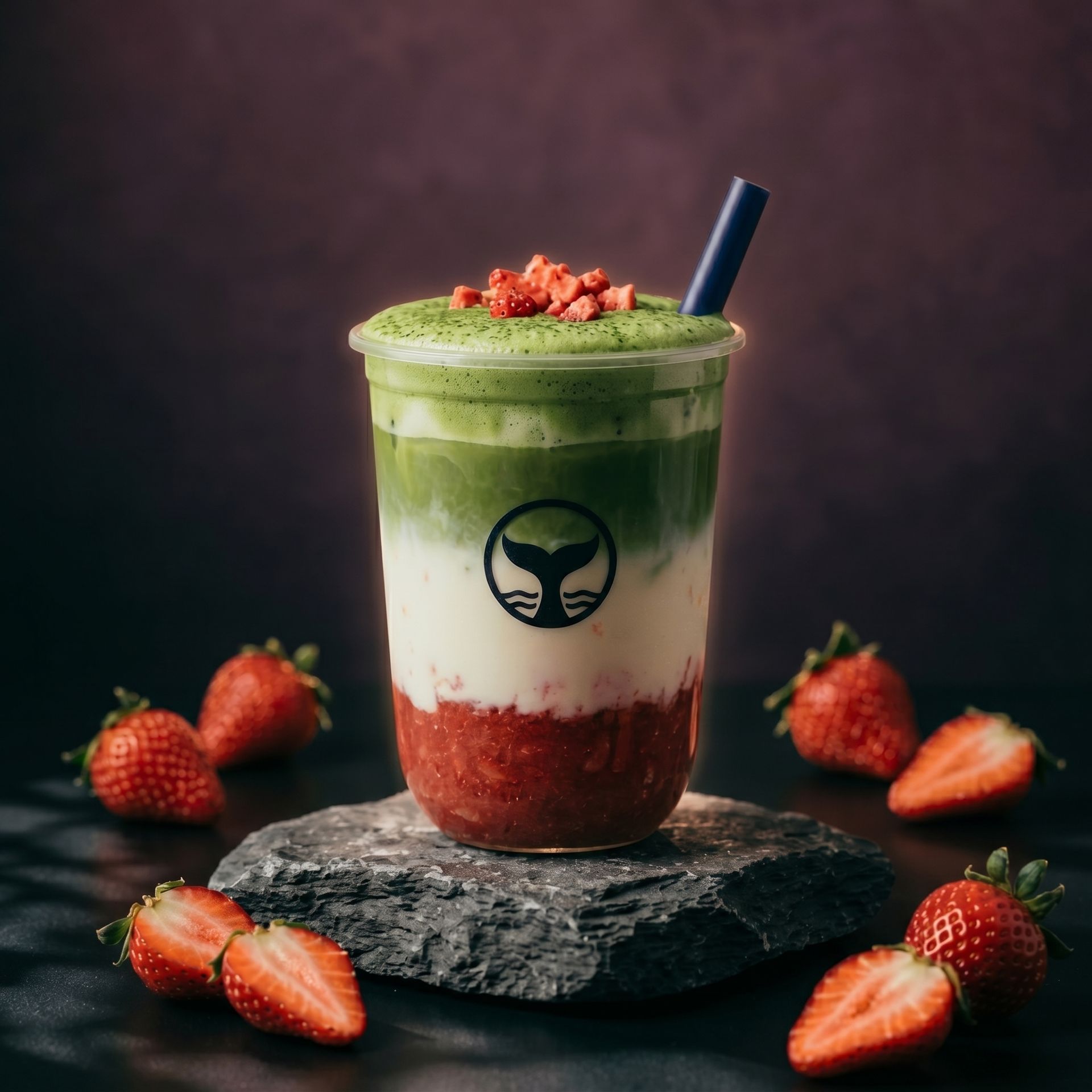 Layered strawberry matcha drink in a glass, topped with diced strawberries, surrounded by fresh strawberries on dark slate.
